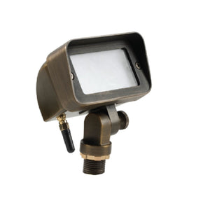RGB-WW Bluetooth Flood Light in Antique Bronze and Gun Metal brass finish with frosted glass lens and integrated 1W-5W LED for outdoor landscape lighting.