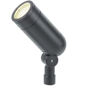 Lensed Bullet Spot Light in die-cast aluminum, black finish, MR-16 compatible with ground spike for outdoor landscape lighting.