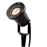 Lensed adjustable outdoor landscape light with yoke, aluminum and natural brass finishes, MR-16 compatible, clear tempered glass lens