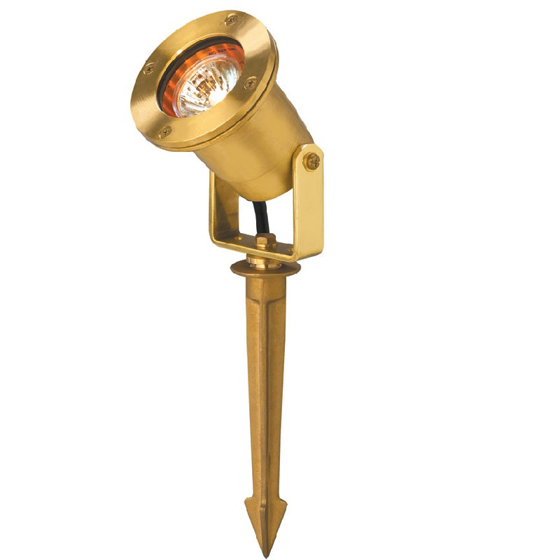 Lensed adjustable outdoor landscape light with yoke, aluminum and natural brass finishes, MR-16 compatible, clear tempered glass lens