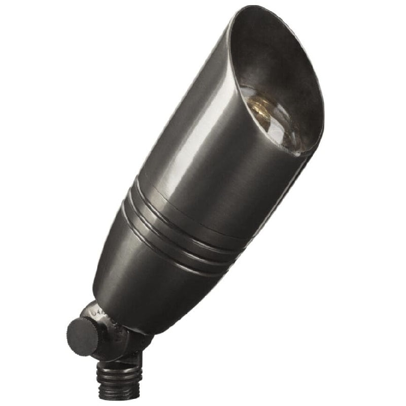 Architectural brass bullet spot light in antique bronze finish with adjustable shroud, MR16 socket, and ground spike mount – designed for outdoor landscape lighting.