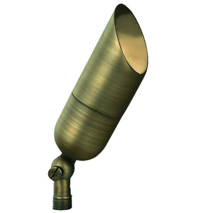 Architectural brass bullet light in antique bronze finish with convex glass lens and adjustable knuckle for MR16 landscape uplighting