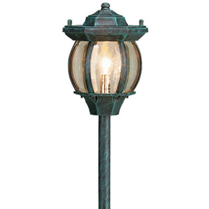Lantern Area Light in Black and Verde Green finishes with beveled glass lens. Aluminum outdoor fixture for pathways, gardens, and patios.