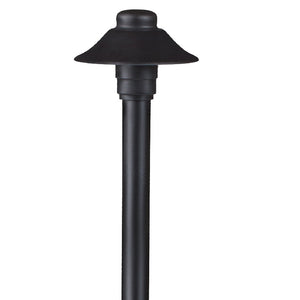 Mini Umbrella Path Light with 18-inch aluminum stem, available in Black and Bronze finishes. Outdoor landscape fixture with tempered glass lens and 12V T3 lamp compatibility.