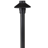 Mini Umbrella Path Light with 18-inch aluminum stem, Black or Bronze finish. Outdoor landscape lighting fixture with tempered glass lens, 12V T3 lamp compatible.