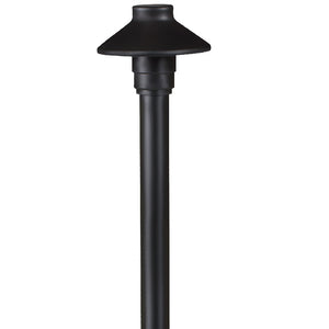 Mini Umbrella Path Light with 18-inch aluminum stem, Black or Bronze finish. Outdoor landscape lighting fixture with tempered glass lens, 12V T3 lamp compatible.