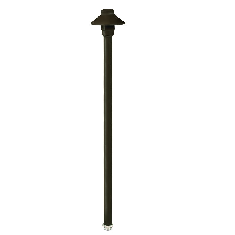 Mini Umbrella Path Light with 18-inch aluminum stem, Black or Bronze finish. Outdoor landscape lighting fixture with tempered glass lens, 12V T3 lamp compatible.
