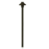 Mini Umbrella Path Light with 18-inch aluminum stem, Black or Bronze finish. Outdoor landscape lighting fixture with tempered glass lens, 12V T3 lamp compatible.