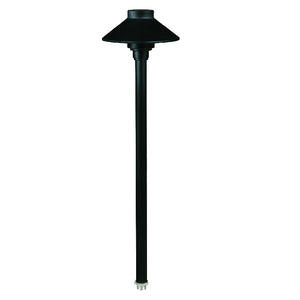 Umbrella Path Light with 18-inch aluminum stem in Black or Bronze finish, clear tempered glass lens, 12V T3 lamp compatible.