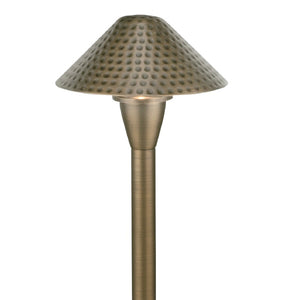 Smart Brass RGB-WW Dimpled Cone Bluetooth Area Light in Antique Bronze finish with 12″ or 18″ stem, 1–5W LED, wide beam spread for outdoor pathway lighting.