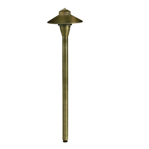 Umbrella 18-inch stem brass path light with 6-inch shade in Antique Bronze, Gun Metal, and Silver Plated finishes for outdoor landscape lighting