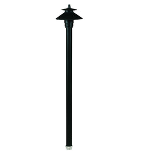 Mini Umbrella Path Light with 18-inch aluminum stem in Black or Bronze finish, tempered glass lens, 12V T3 lamp compatible.