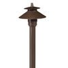 Mini Umbrella Path Light with 18-inch aluminum stem in Black or Bronze finish, tempered glass lens, 12V T3 lamp compatible.