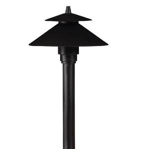 Umbrella 18-inch stem path light in aluminum with Black or Bronze finish, tempered glass lens, 12V T3 lamp compatible.