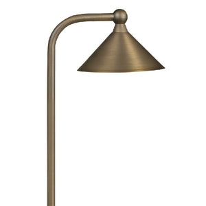 Fixed Cone Path Light in solid brass with Antique Bronze finish, featuring 5.5-inch fixed shade, SCB LED compatible, for landscape lighting.