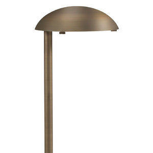 Sided Mushroom Head Path Light in brass with Antique Bronze finish, 5-inch shade, 18.5-inch stem, T3 LED compatible, for landscape lighting.