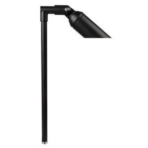 Single-head machined aluminum long shroud path light in Black, Bronze, or Silver finish, 18″ or 24″ stem, MR-16 LED compatible, with tempered glass lens.