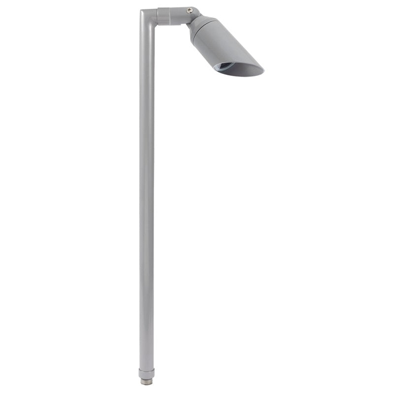 Single-head machined aluminum long shroud path light in Black, Bronze, or Silver finish, 18″ or 24″ stem, MR-16 LED compatible, with tempered glass lens.