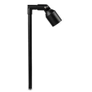 Single-head flat shroud machined aluminum path light in Black, Bronze, or Silver, with 18″ or 24″ stem and MR-16 LED compatibility.