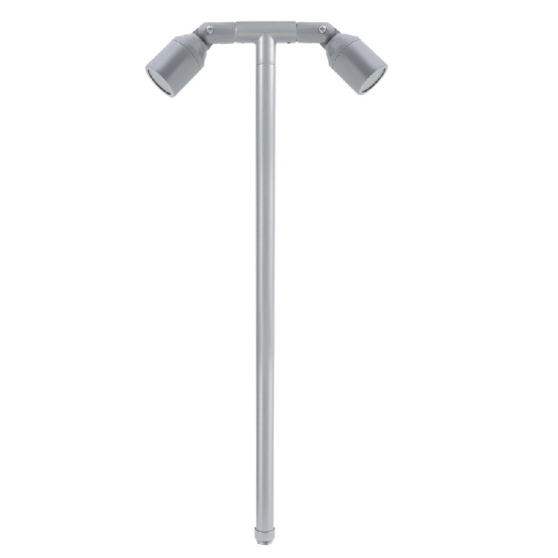Double-head machined aluminum flat shroud path light in Black, Bronze, or Silver, with 18″ or 24″ stem options, MR-16 LED compatible.