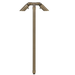 Double Head Path Light with two adjustable brass heads, available in Antique Bronze and Gun Metal finishes, with 24", 18", or 12" stems, MR-8 LED compatible.