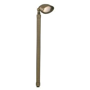 Mini Oval Brass Area Light with 24″ stem, adjustable knuckle, and frosted glass lens, available in Antique Bronze or Gun Metal finish, T3 LED compatible.