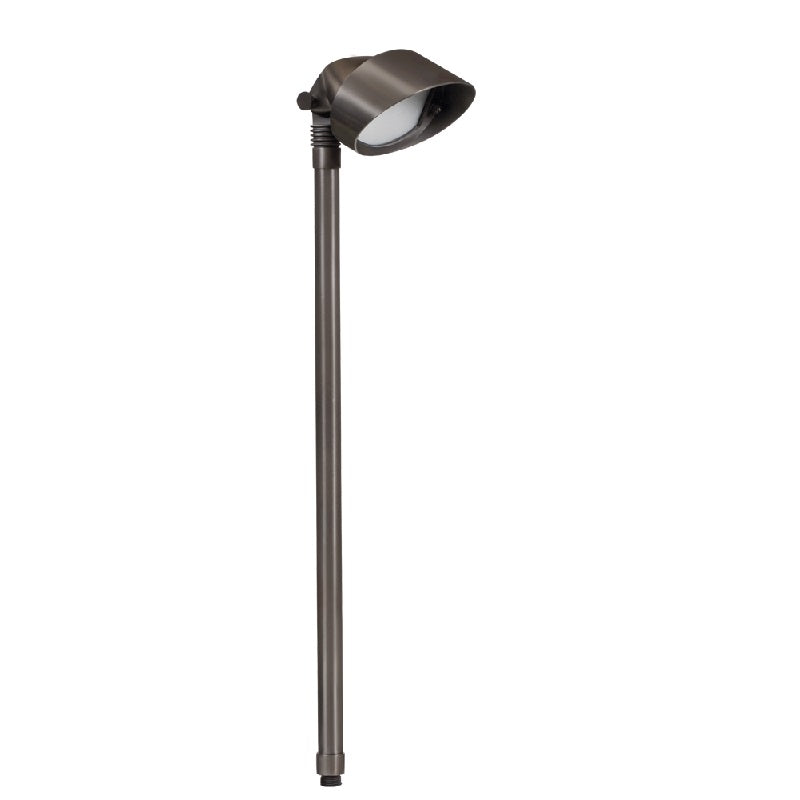Large Oval Brass Area Light with 24″ stem, adjustable knuckle, and frosted glass lens, available in Antique Bronze or Gun Metal finish, MR-16 LED compatible.