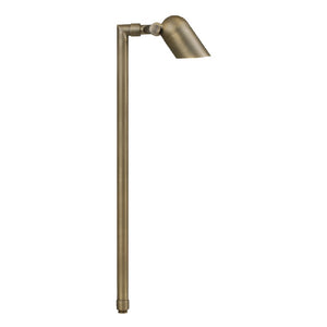 Mini Single Head Brass Path Light with adjustable knuckle, available in Antique Bronze, Gun Metal, and Silver Plated finishes, offered in 12″, 18″, or 24″ stems, MR-16 LED compatible.
