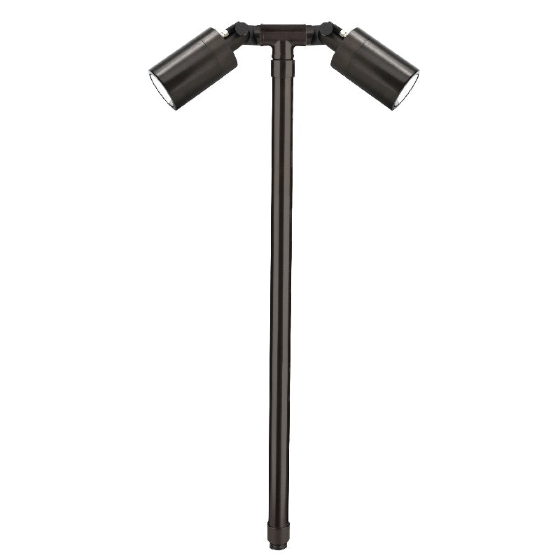 Brass RGB-WW Bluetooth Double Head Path Light in Antique Bronze or Gun Metal with 18″ or 24″ brass stem, dual adjustable knuckles, and 1–6W LED.
