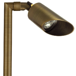 Smart RGB-WW Bluetooth Brass Path Light with Shroud, in Antique Bronze or Gun Metal finish, adjustable knuckle, and replaceable LED module.