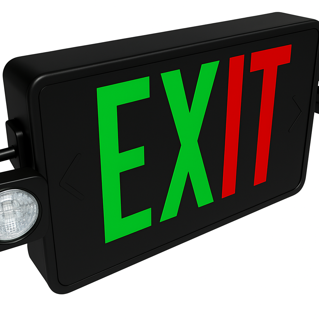 commercial exit sign with integrated emergency lighting and self diagnostics