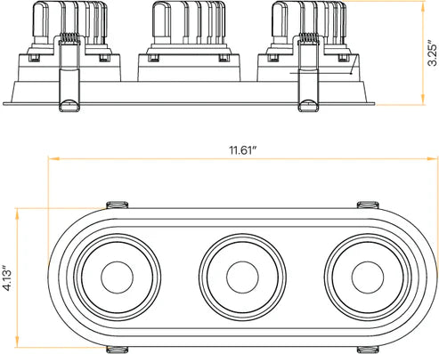 Architectural-triple-head-trimmed-oval-downlights-mounted-via-ceiling-springs