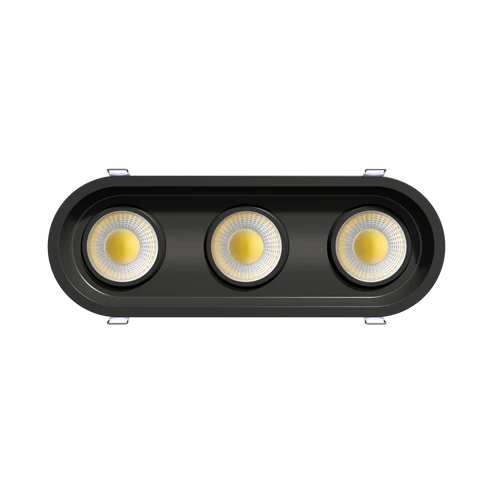 Low-profile-overlapping-flange-on-trimmed-oval-triple-head-gimbal-light