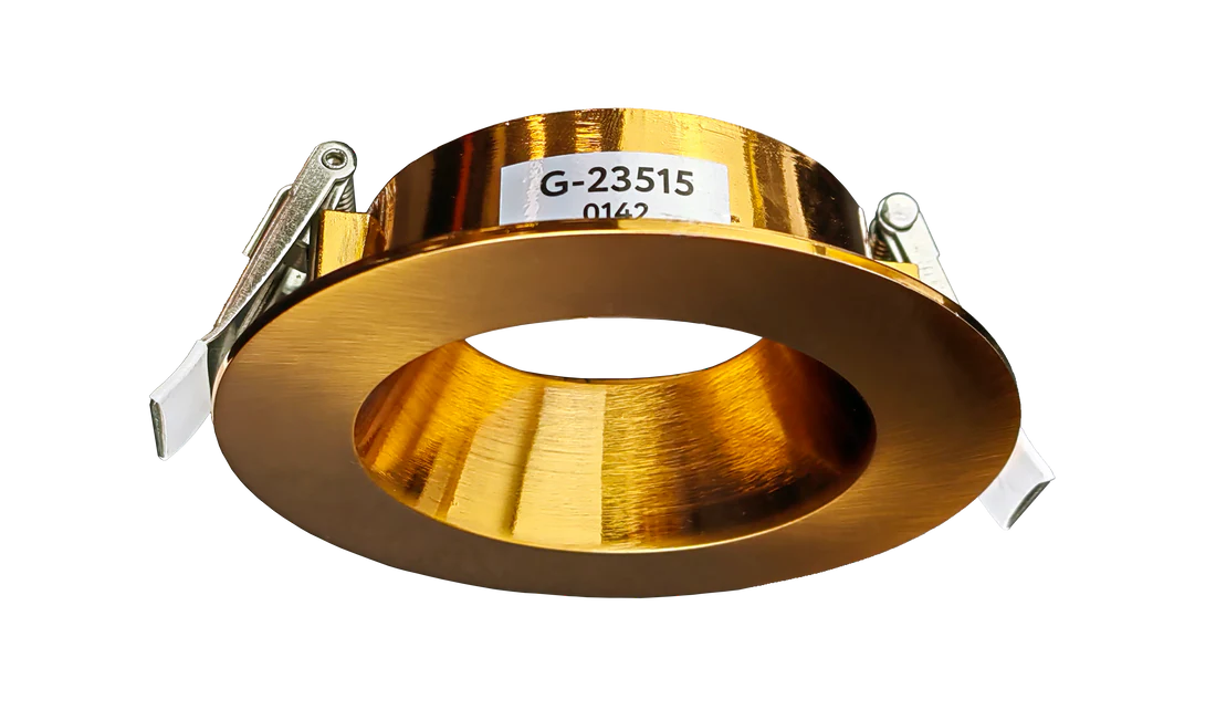 Brushed brass round architectural recessed trim with warm metallic finish