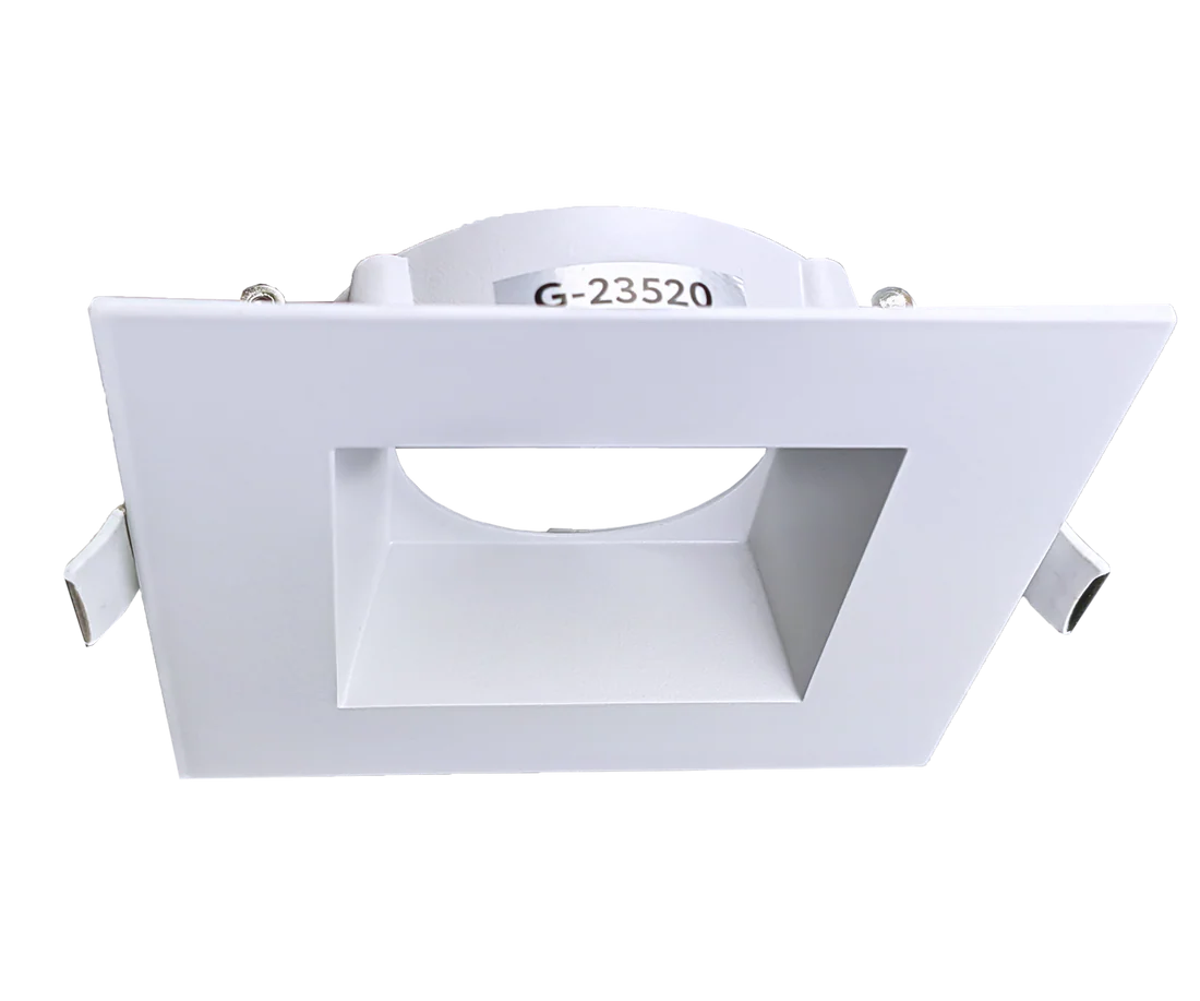 Square architectural recessed trim with white finish and clip-in mounting