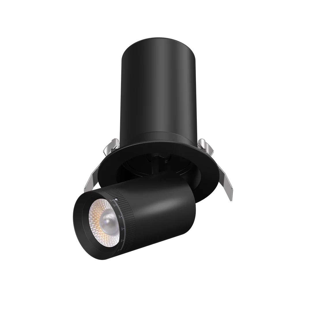 Retractable-scoping-recessed-spotlight-with-90-degree-tilt-hinge