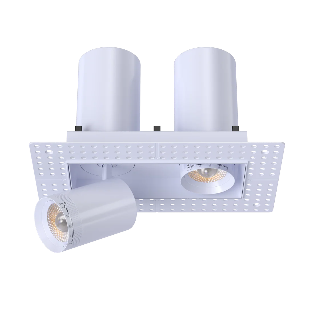 Double-head-trimless-plaster-in-recessed-spotlight-with-independent-90-degree-telescoping-hinges
