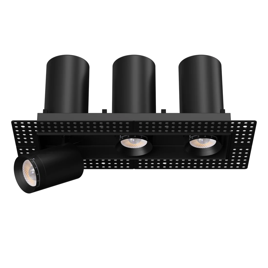 Triple-head-trimless-plaster-in-recessed-spotlight-with-independent-90-degree-telescoping-hinges