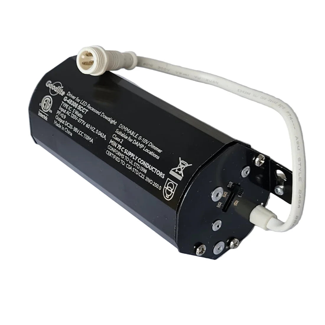 G-48306 5W LED driver with 3-pin connector, 120–277V input, 110mA output, dimmable and ETL listed.