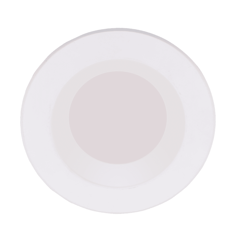 Space 4 inch round LED retrofit light with white trim and frosted diffuser