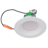 Space 4 inch round LED retrofit light with white trim and frosted diffuser
