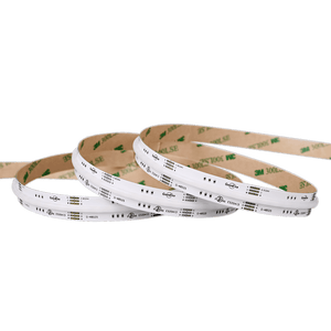 Unrolled LED COB tape light glowing in RGB and warm white colors with seamless, dot-free illumination