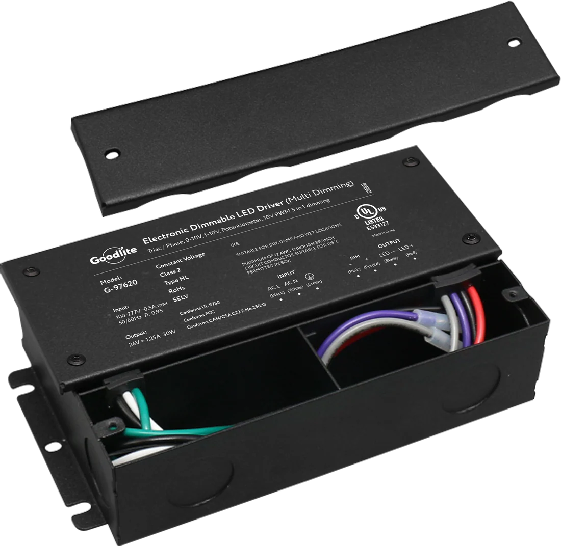 30W 24V electronic LED driver with multi-dimming compatibility, IP66 waterproof enclosure, and UL listed Class 2 rating