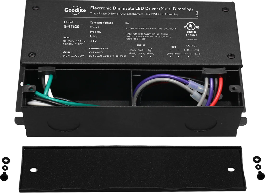 30W 24V electronic LED driver with multi-dimming compatibility, IP66 waterproof enclosure, and UL listed Class 2 rating