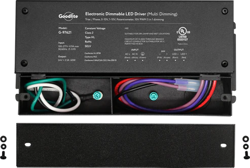 60W 24V electronic LED driver with multi-dimming options, IP66 waterproof housing, and UL listed Class 2 certification