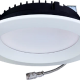Commercial 8 inch round regress LED recessed fixture with white trim and frosted diffuser