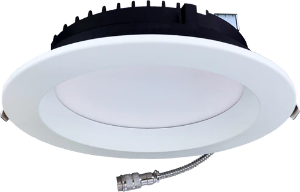 Commercial 8-inch round regress LED fixture with white trim, frosted diffuser, selectable CCT, and clip-in mounting — G-98526. - Available at Electrical Marketplace
