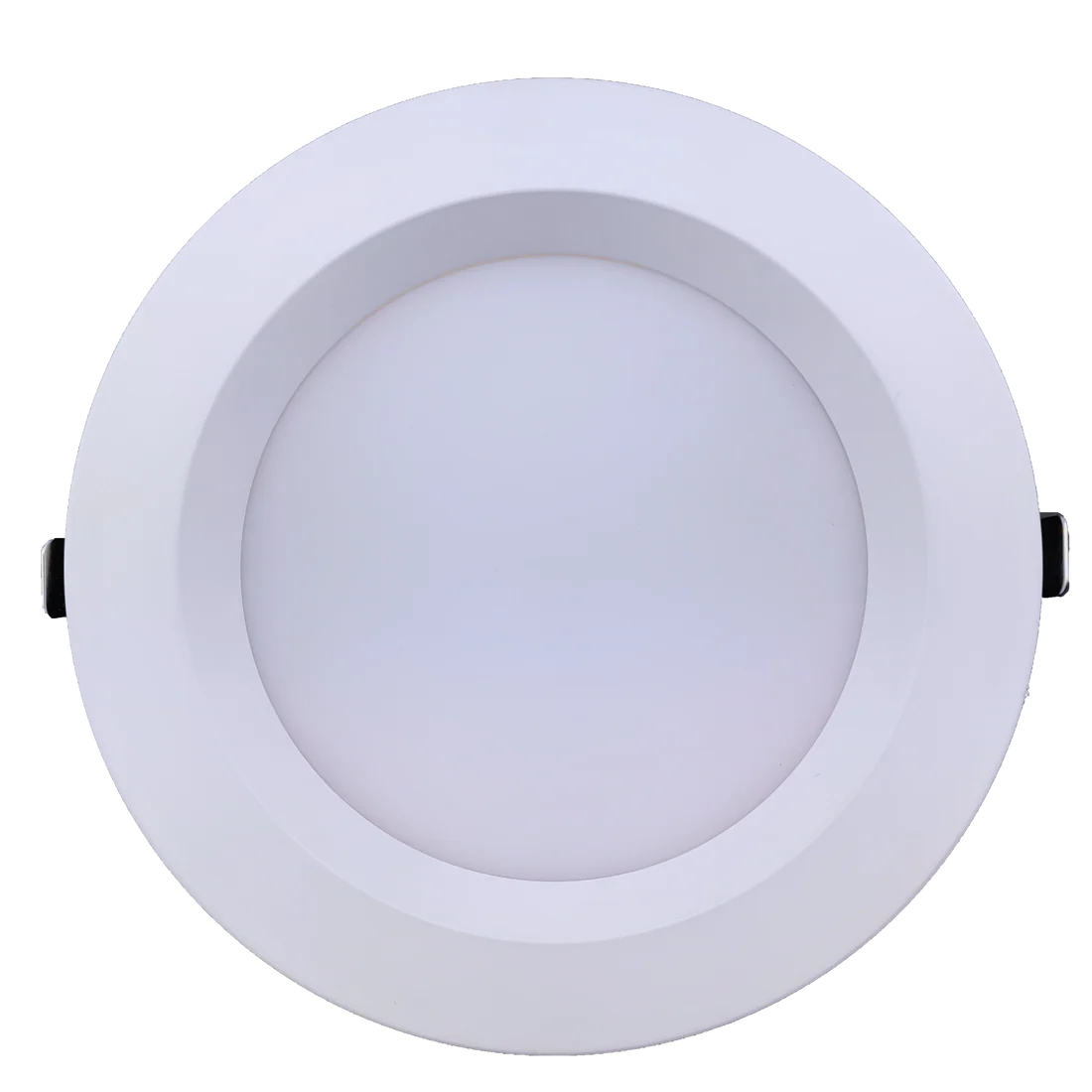 Commercial 8 inch round regress LED recessed fixture with white trim and frosted diffuser