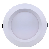 Commercial 8 inch round regress LED recessed fixture with white trim and frosted diffuser