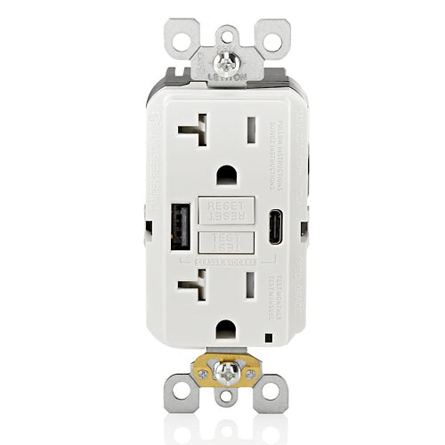 20 Amp Duplex Decorator Receptacle | USB Type A/C 4.8 Amp | Tamper-Resistant | 125V